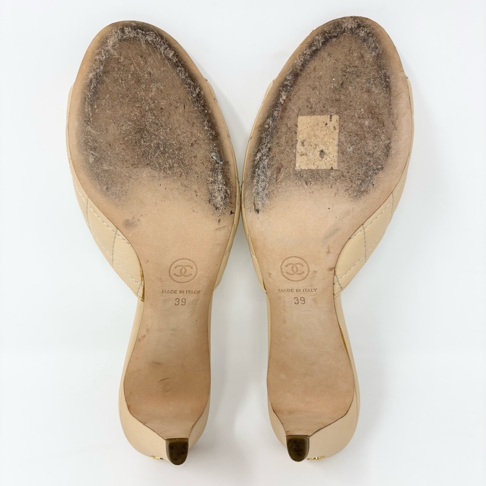 Chanel Quilted Lambskin CC Mules Beige Open Toe Mid Heel Size 39 - Picture 14 of 16